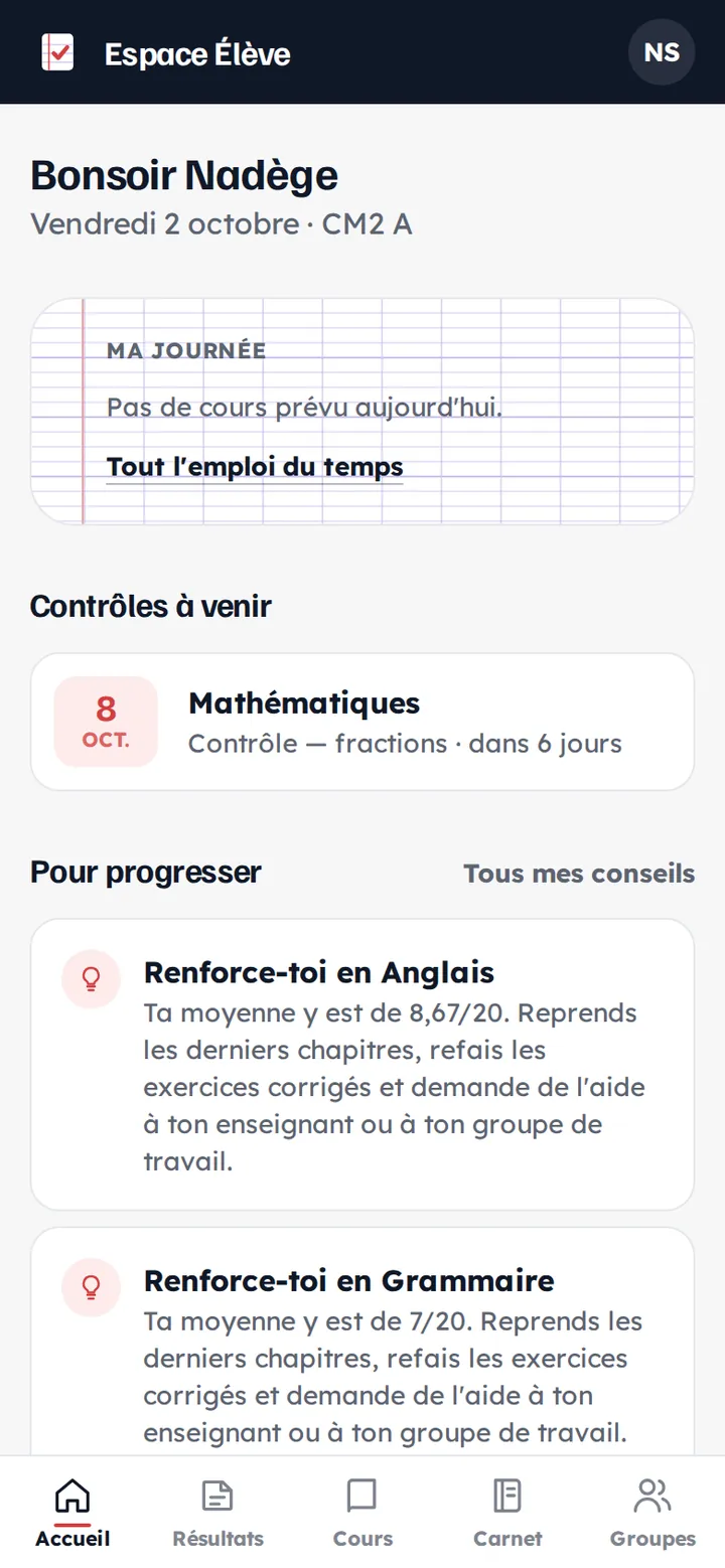Accueil de l'Espace Élève : journée, contrôles à venir et conseils pour progresser.