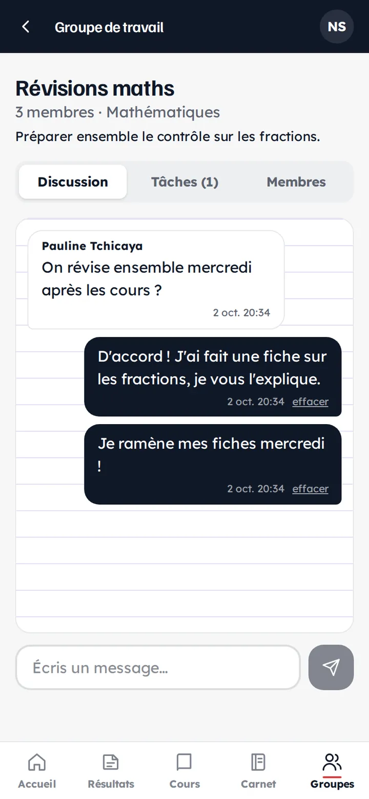 Discussion d'un groupe de travail entre élèves.