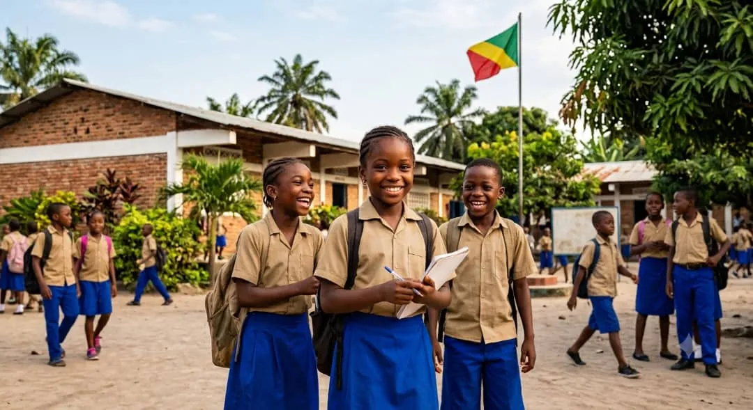 Élèves en uniforme dans la cour d'une école, devant le drapeau du Congo.