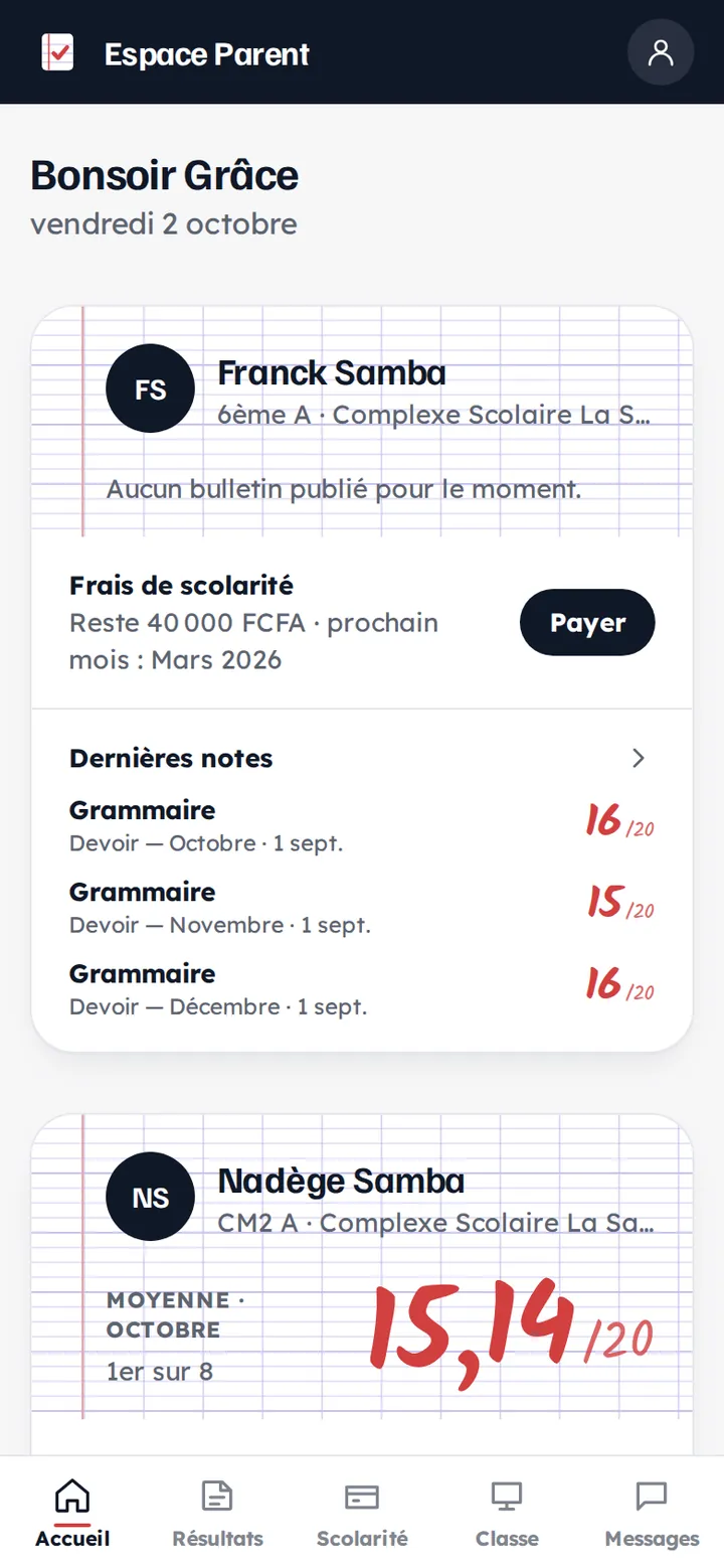 Espace Parent sur téléphone : moyenne de l'enfant, frais de scolarité restants et dernières notes.