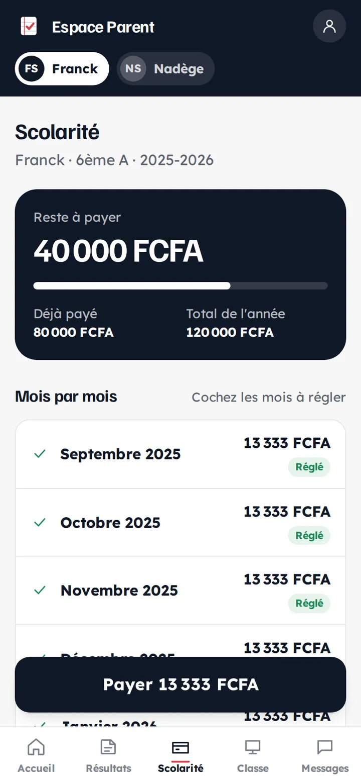 Suivi des frais de scolarité mois par mois dans l'Espace Parent.